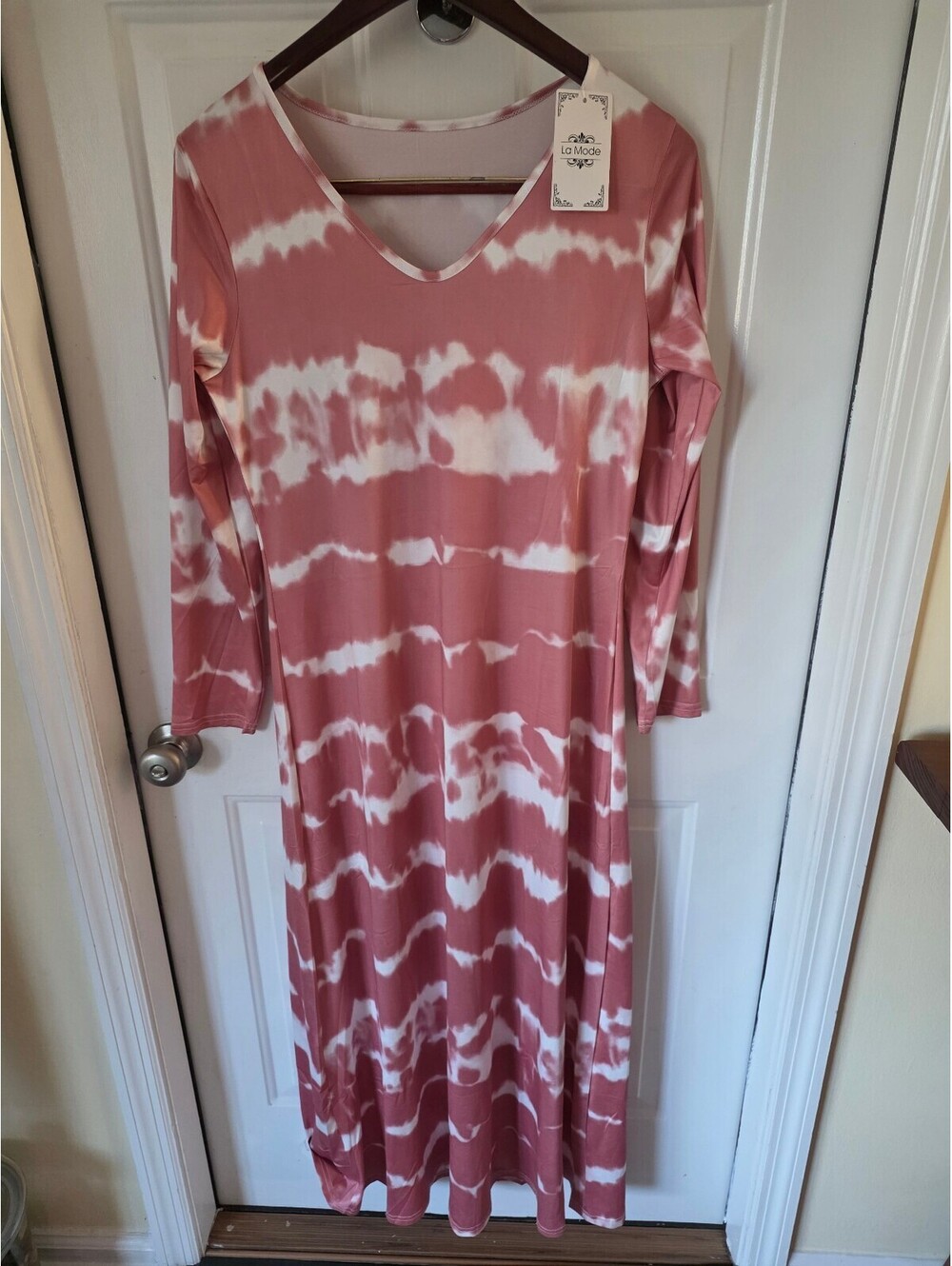 La Mode Pink and White Tie-Dye Long Sleeve Maxi Dress